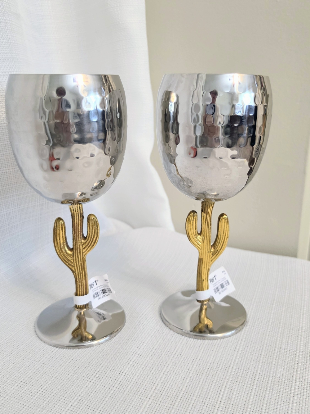 Pier One Hammered Goblets Cactus Stem 15 Oz Barware Silver Gold Tone Wine